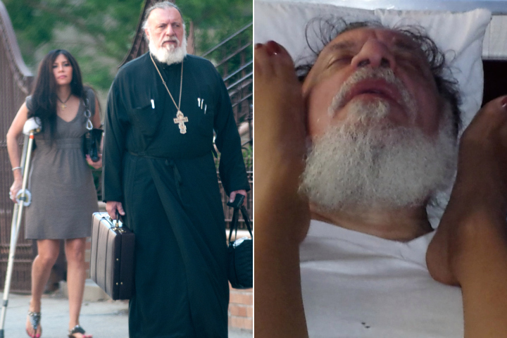 Father George Passias and Edith Bouzalas leaving St. Spyridon Greek Orthodox Church in 2013 (left) and in their personal porn video (right). Photo: J.C. Rice
