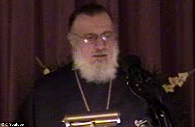 Passias, pictured here giving a sermon on evolution, was once the chancellor of the Greek Orthodox Archdiocese of America and was in charge of all Greek Orthodox priests in the US  