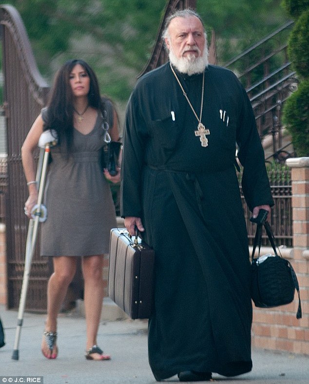 Ethel Bouzalas, left, who has been accused of stashing $100,000 in a secret bank account. Last month an alleged affair was revealed with high ranking Greek Orthodox priest Father George Passias, right  