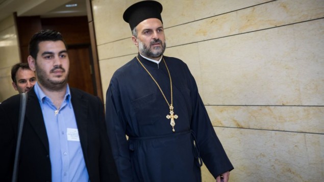 Father Gabriel Naddaf, right, seen at the Knesset on May 9, 2016. (Hadas Parush/Flash90)