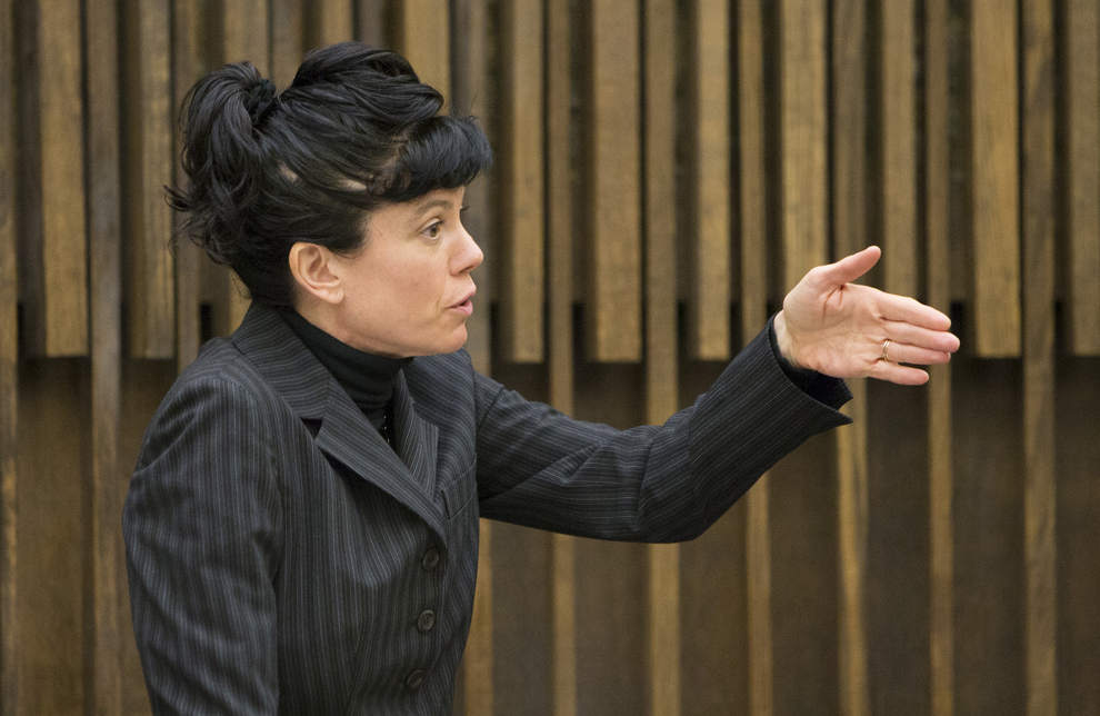 Lane County Deputy District Attorney JoAnn Miller discusses the case of Eugene priest Daniel MacKay with Lane County Circuit Judge Karrie McIntyre before he was sentenced to jail after a jury convicted him last week of paying for sex with an underage girl. (Andy Nelson/The Register-Guard)