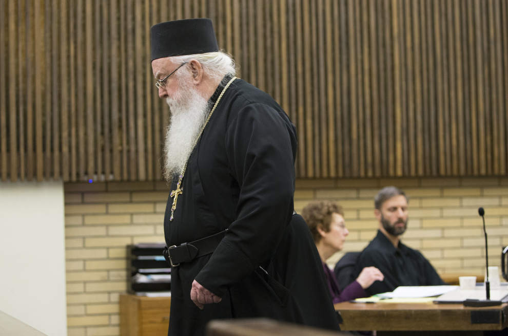 Abbot Tryphon of the All-Merciful Saviour Monastery on Vashon Island, Wash., walks back to the public seating area after speaking in support of Eugene priest Daniel MacKay, who was sentenced Thursday for paying for sex with an underage girl. (Andy Nelson/The Register-Guard)