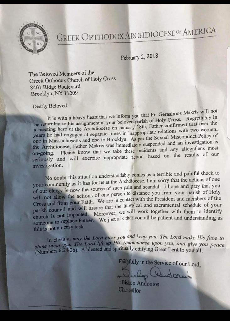 Copy of Bishop Andonios of Phasiane letter to Holy Cross Brooklyn parish about Fr. Gerasimos Makris