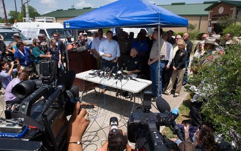Sen.Ted Cruz (R-Tex.), Texas Gov. Greg Abbott and Texas Lt. Gov. Dan Patrick speak to the media about the mass shooting at Santa Fe High School. (Bob Levey/Getty Images)