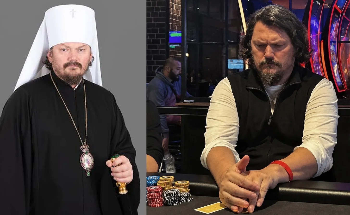 Former MP Metropolitan Nestor (Sirotenko) as a bishop (left) and moonlighting as a professional poker player. The photo on the right of Sirotenko during a tournament is not A.I, it’s real, and can be found here: https://sotaproject.com/news/110318
