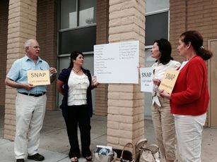 Victims of sexual abuse by Catholic priests and their supporters from Northern California hold a news conference Wednesday morning outside the downtown headquarters of the Catholic Diocese of Stockton. They were there to bring attention to the malfunctioning toll-free line for abuse victims that went unnoticed for two weeks and to urge other victims within the diocese to file their sexual abuse claims no later than 4 p.m. Aug. 15, the date set by the U.S. Bankruptcy Court. Those demonstrating include, from left, Tim Lennon, Nancy Sloan Dowell, Kathleen Conti and Melanie Jula Sakoda. Joe Goldeen/The Record