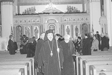 Archbishop Spyridon, formerly of America, is seen leading the funeral procession for the late Leo Condakes, following a service at the Annunciation Cathedral of New England in Boston. TNH/Theodore Kalmoukos