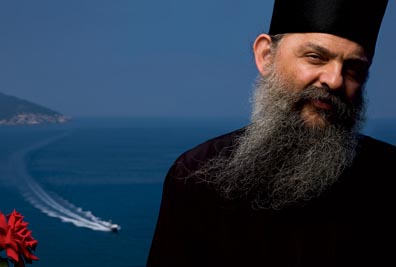 VOW OF PROPERTY: Father Arsenios at the Vatopaidi monastery, overlooking the Aegean Sea, in Mount Athos, Greece. He is considered by many to be Vatopaidi's C.F.O.,